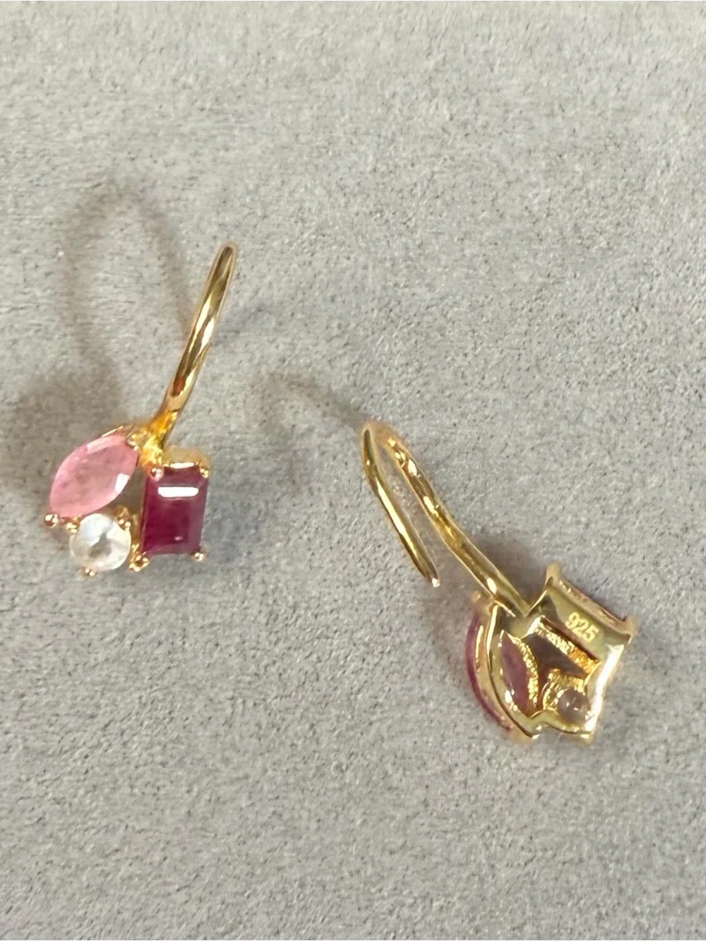 Stunning Natural 1.10CT Red & Pink Ruby & Topaz French Hook 18K Gold Earrings